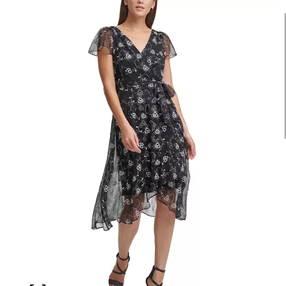 DKNY flutter sleeve wrap dress. Black with white stitched florals